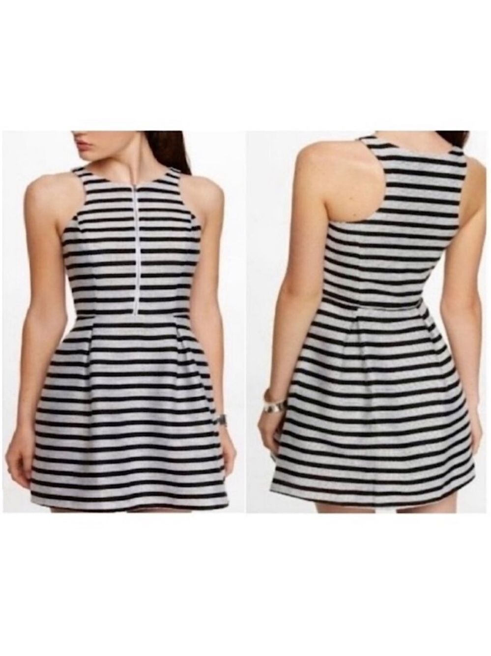 EXPRESS Women’s Black & white striped mini dress fit and flare front zip size 10